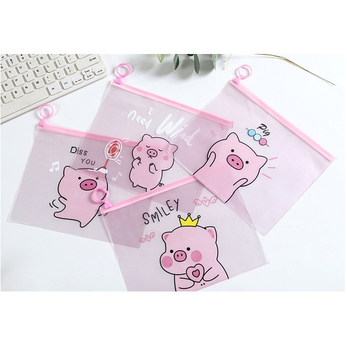 Combo 4 túi zip đựng bút chống thấm hình heo hồng pink pig nhiều mẫu