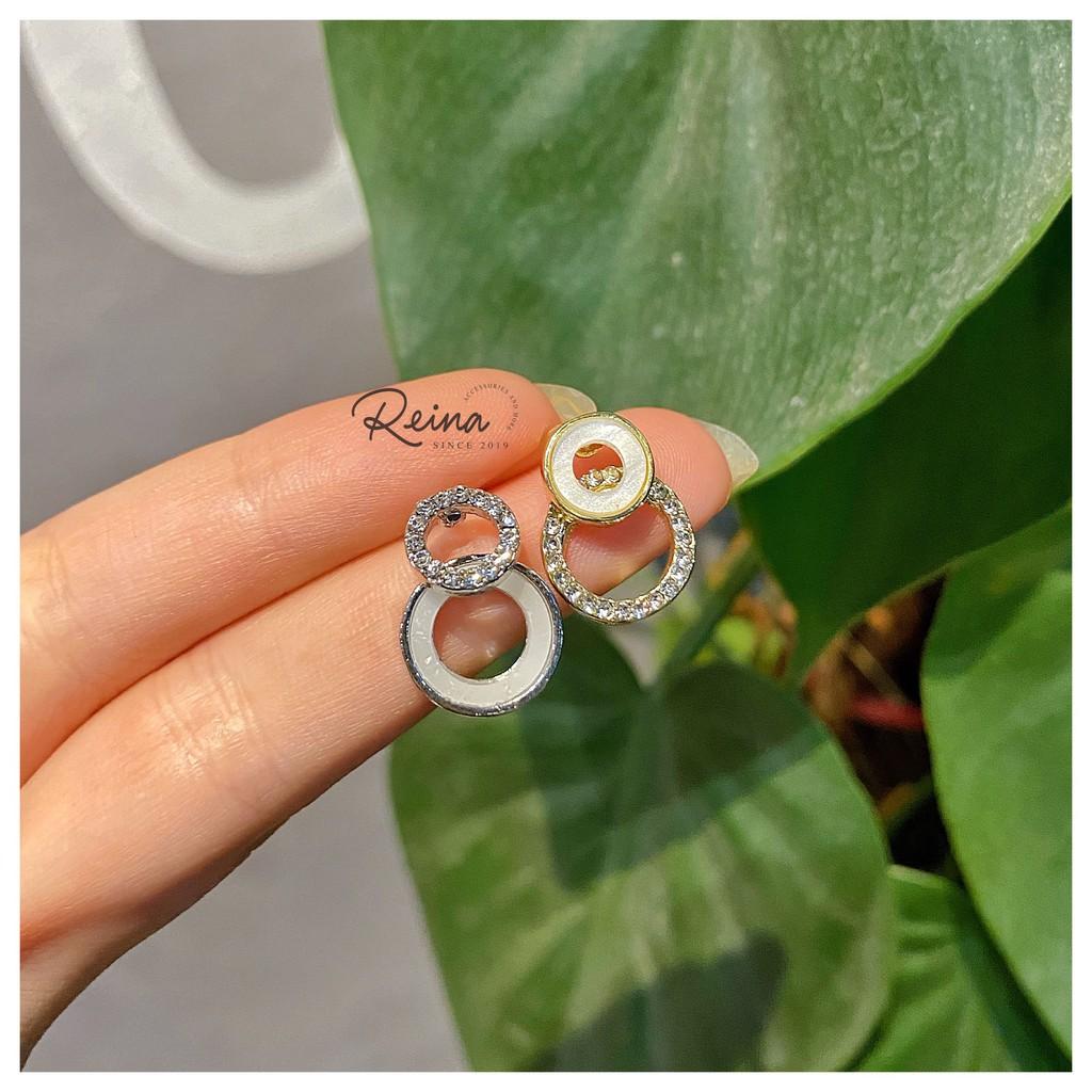 Khuyên tai nữ phong cách hàn quốc Zircon hình tròn bất đối xứng vàng ánh bạc Reina đính hạt cao cấp
