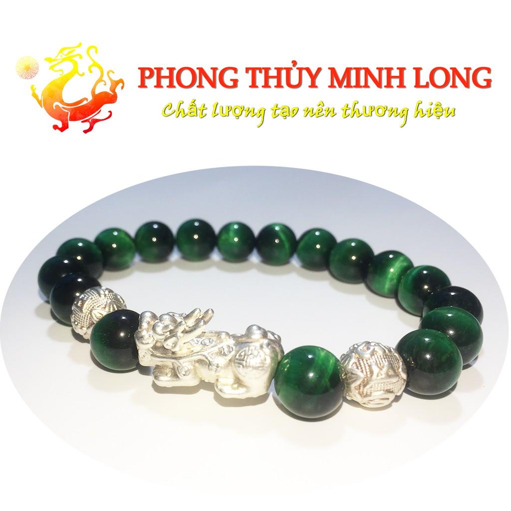 Vòng tay đá mắt hổ Xanh Lá 5A mix Tỳ Hưu và 2 hạt kim tiền Bạc hợp mệnh Mộc và Hỏa