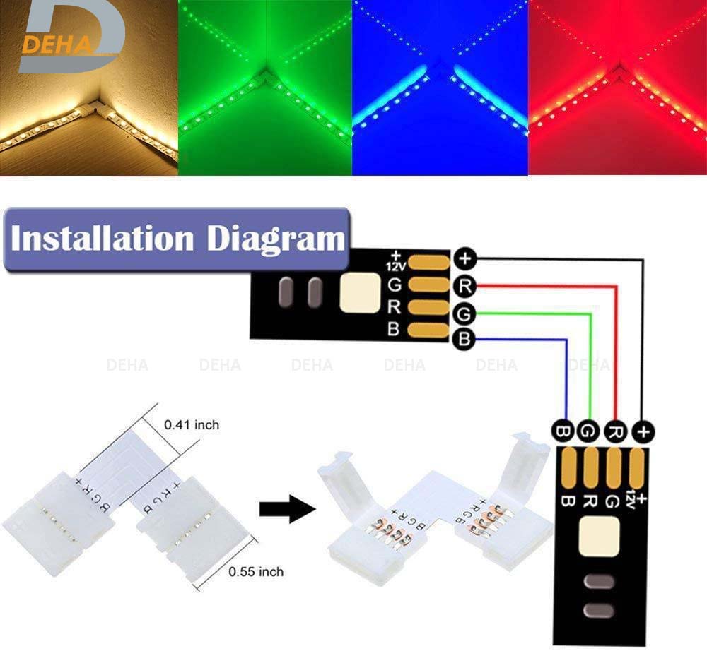 Đầu nối góc chữ L vuông 4 chân cho led dây dán 5050, 2835, 3528 RGB đổi màu connector 4P pin 10 mm  trang trí dán tường thạch cao, cây máy tính, màn hình, ti vi, TV, Gaming, Tiktok dán tường, chống nước bền đẹp- Chính hãng DEHA