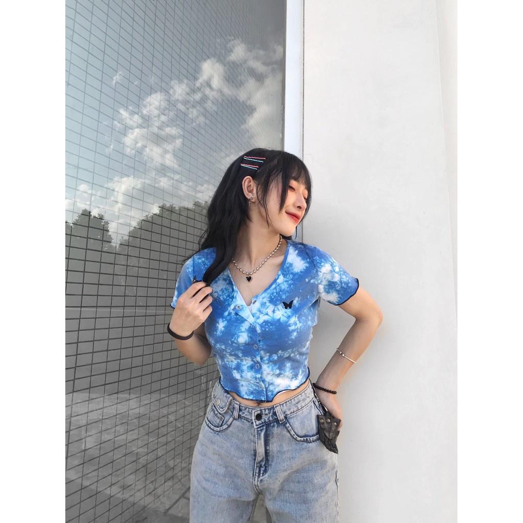 Áo Croptop Nữ Tay Ngắn Tiedye Butterfly In Loang Màu Ulzzang (Ảnh Thật