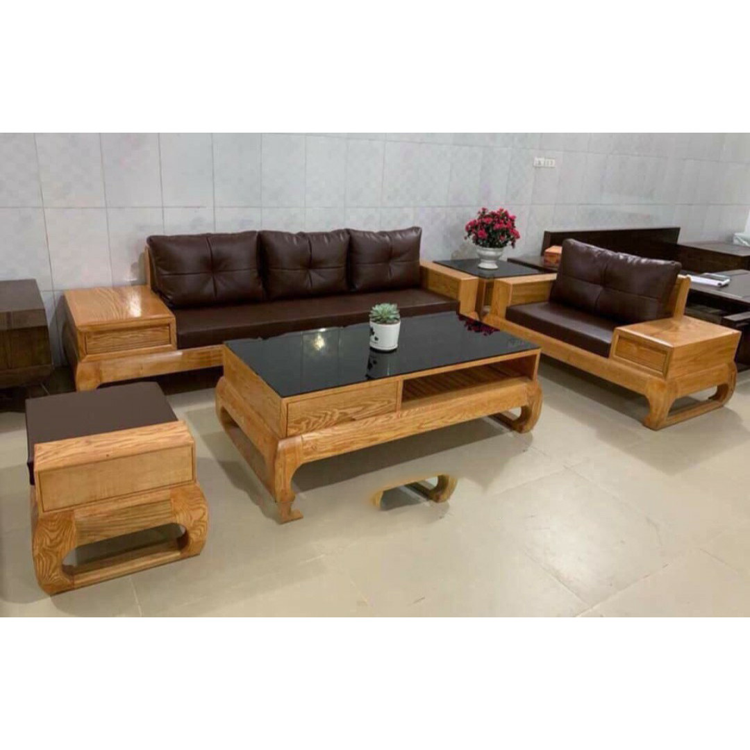 Bộ bàn ghế phòng khách Sofa góc gỗ sồi mầu óc chó mẫu hiện đại MS 14.9