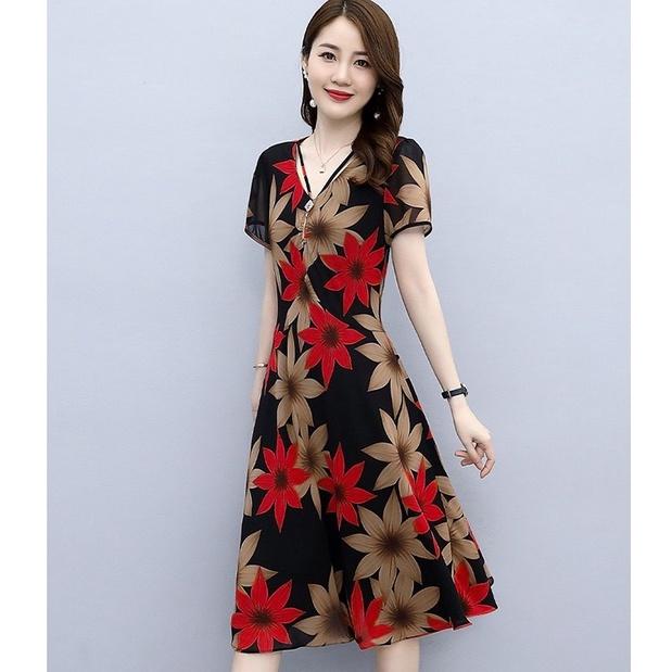 Đầm váy nữ voan hoa trung niên dự tiệc dạo phố màu đỏ đen cao cấp