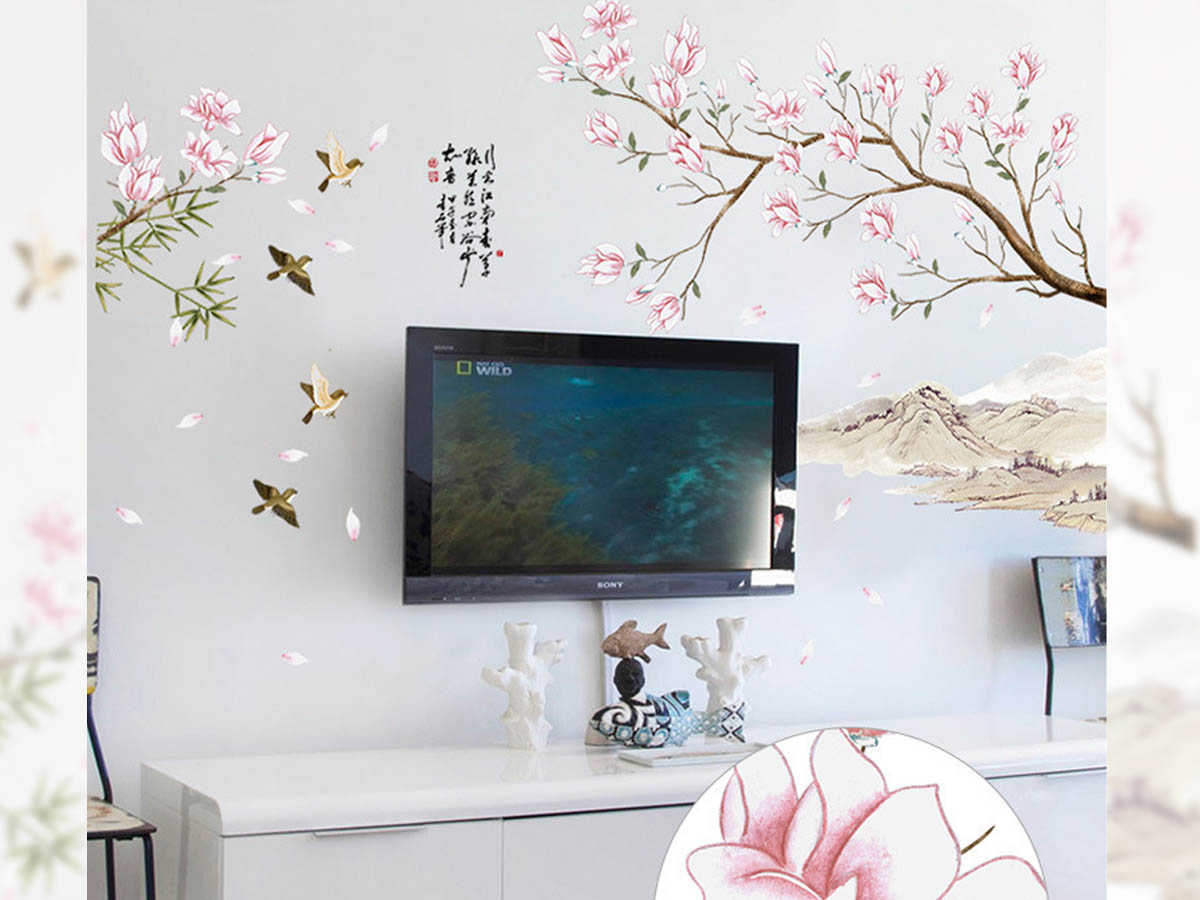 Decal trang trí tết- hoa đào phong thủy núi sông