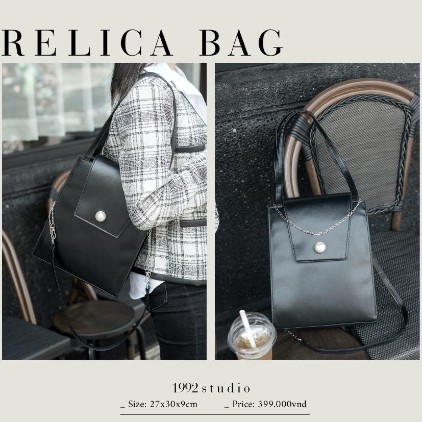 Túi xách nữ/ 1992 s t u d i o/ RELICA BAG/ túi xách nữ đeo vai, đeo chéo, size lớn, màu đen, không đựng vừa laptop