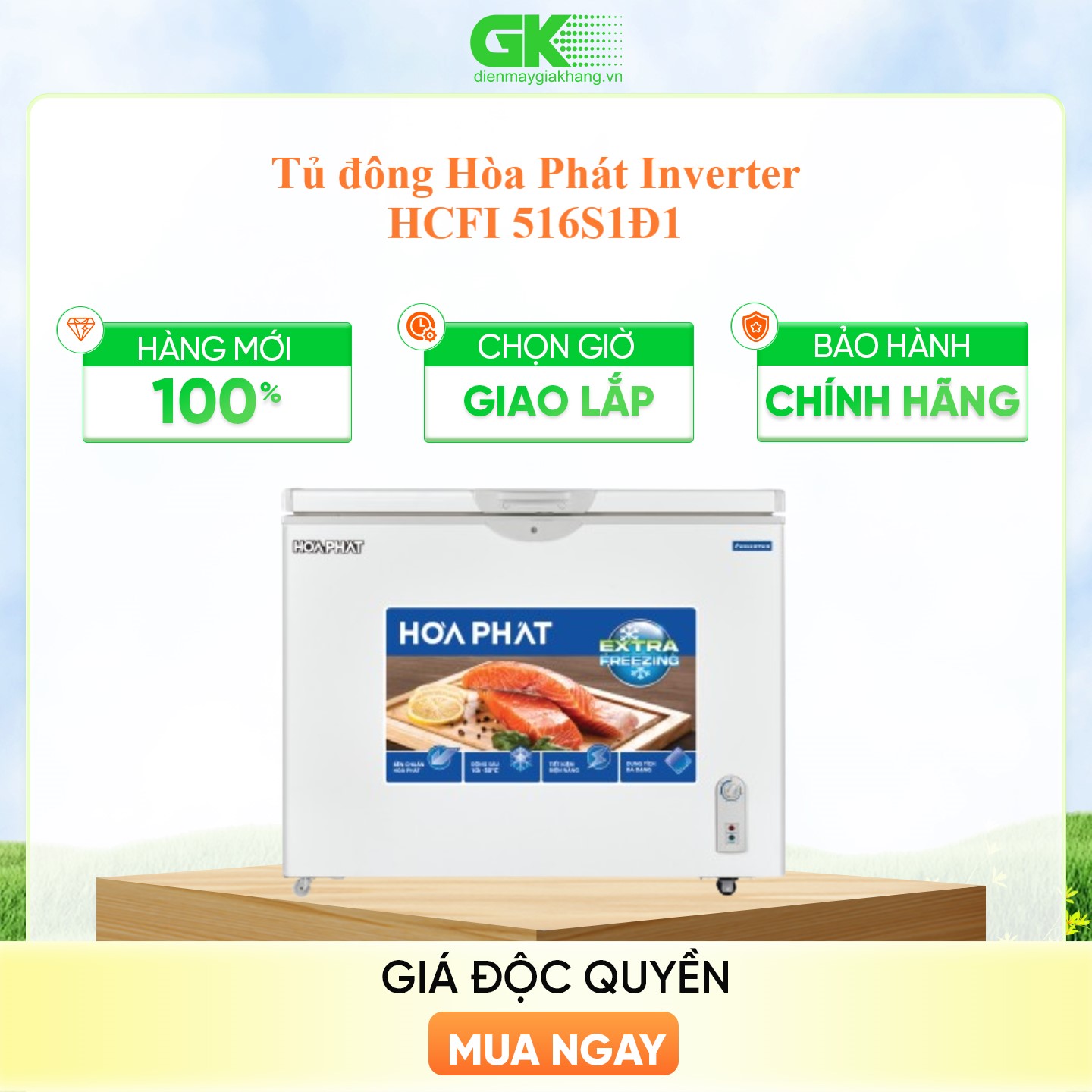 TỦ ĐÔNG INVERTER HÒA PHÁT 252 LÍT HCFI-516S1Đ1 ĐỒNG (R600A) (HÀNG CHÍNH HÃNG) (CHỈ GIAO HCM)