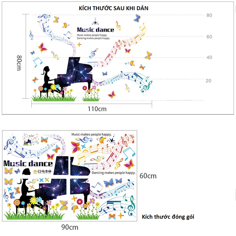 Decal trang trí âm nhạc piano sắc màu