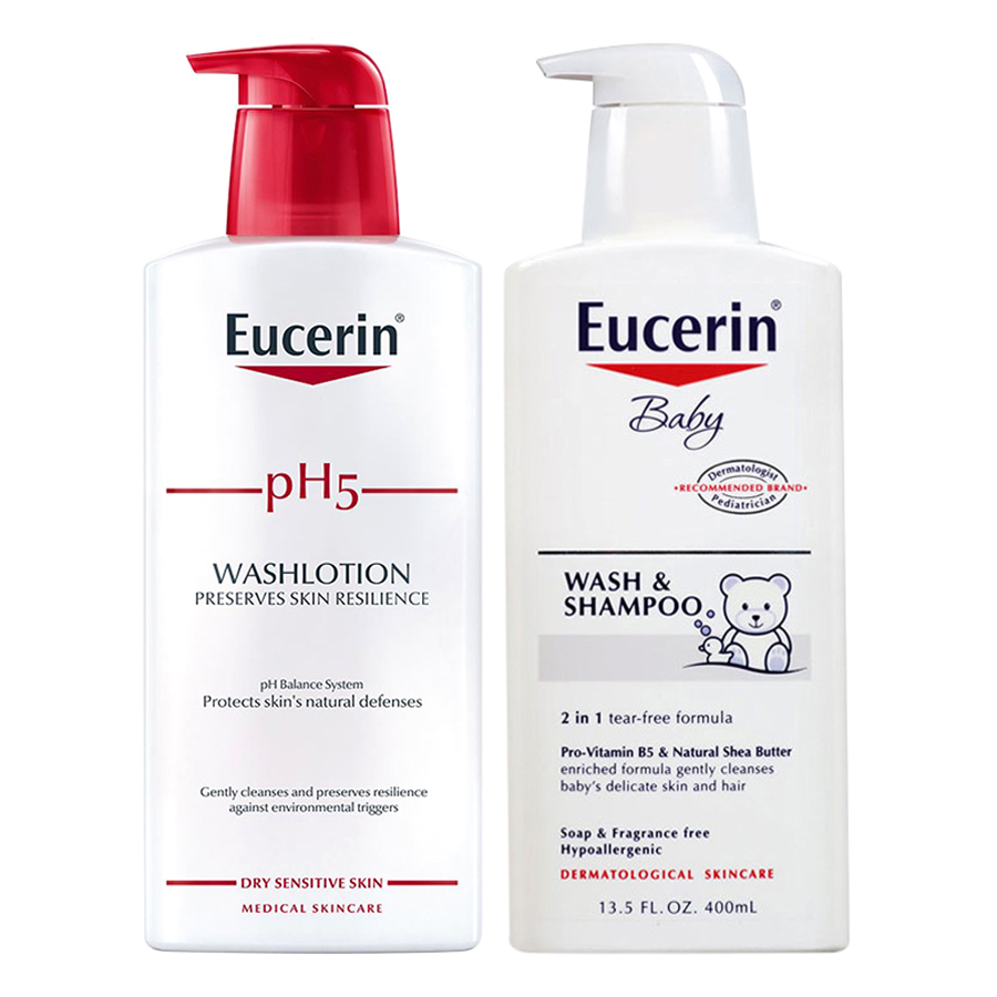 Bộ Sữa Tắm Cho Da Nhạy Cảm Eucerin pH5 Washlotion Có Mùi (400ml) Và Sữa Tắm Gội Cho Bé Eucerin Baby Wash &amp; Shampoo (400ml)