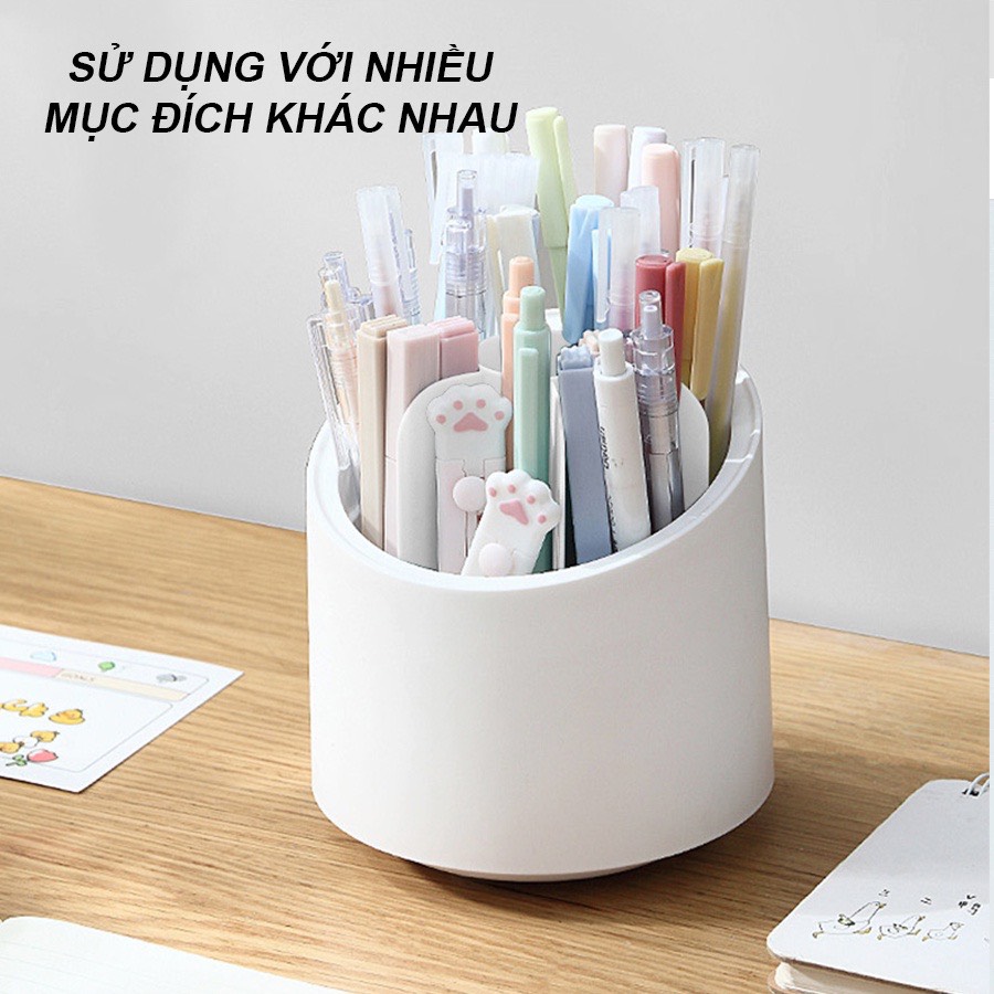 Hộp Nhựa Đựng Cọ Trang Điểm Trong Suốt Chống Bụi Tiện Dụng Xoay 360 - ống cắm bút viết nhiều ngăn - tặng kèm sticker