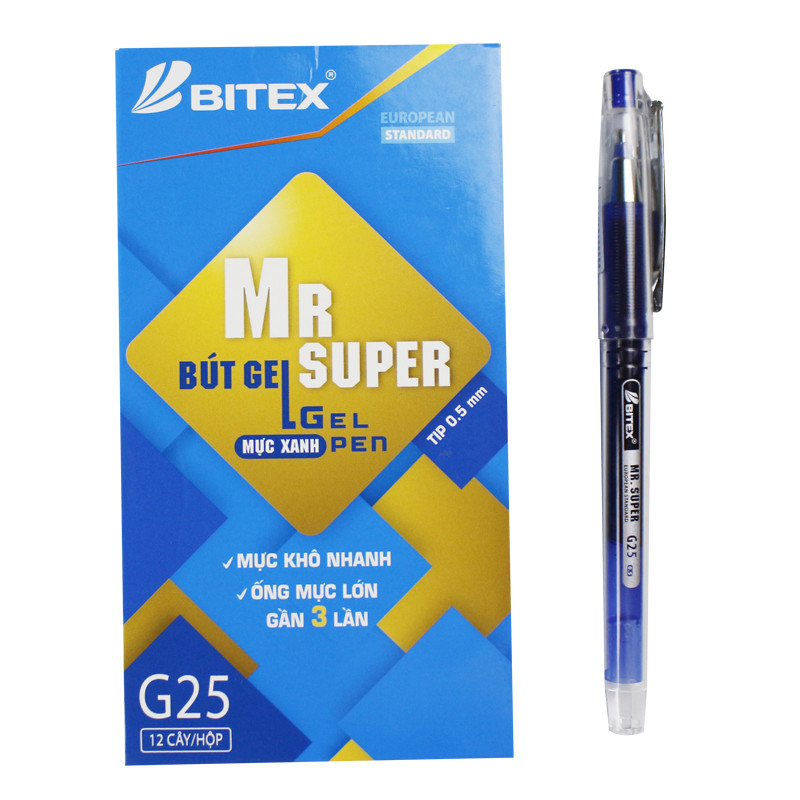 Combo 2 Bút gel Bitex Mr Supper mực xanh G25 0.5mm