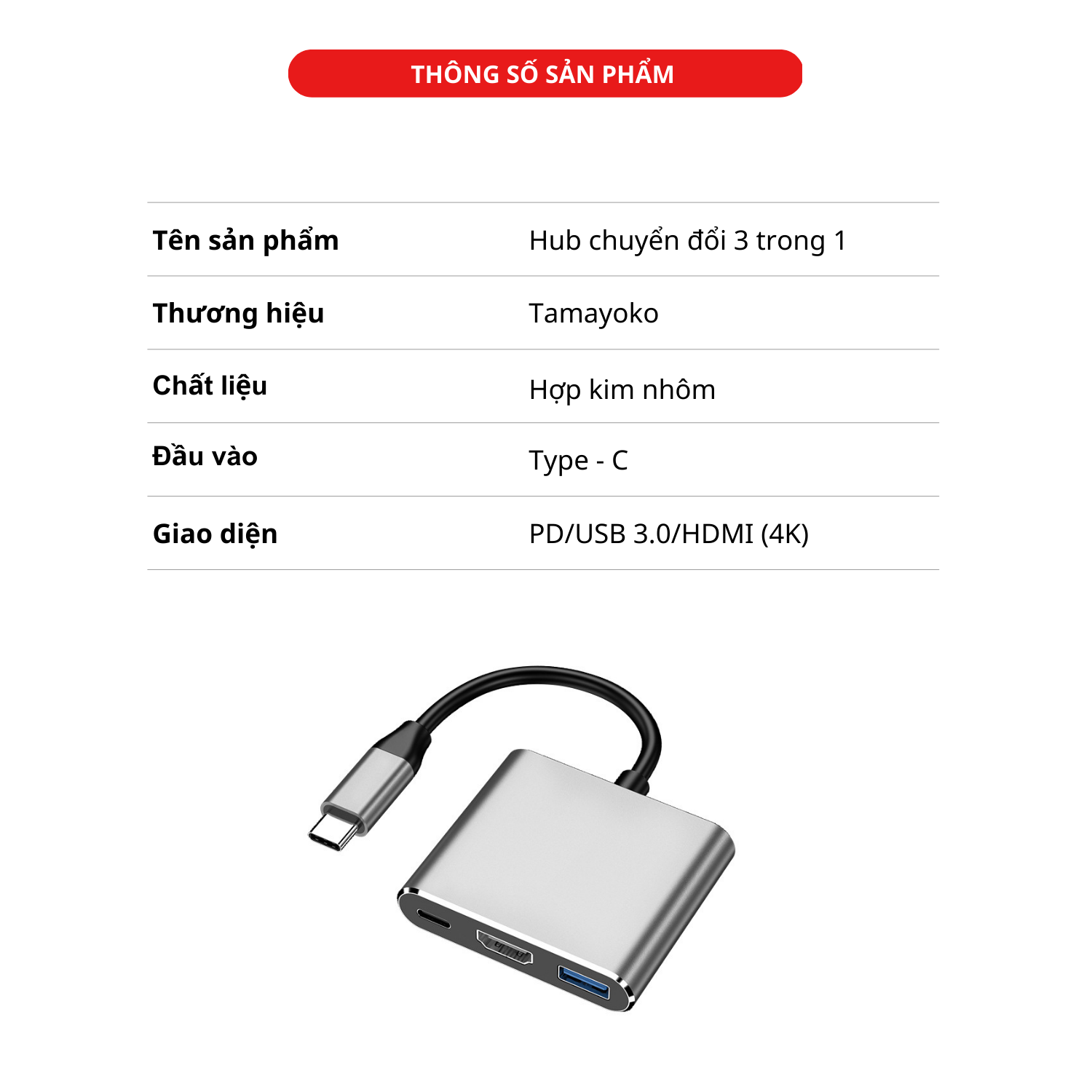 Hub Chuyển Đổi USB Type C 3 in 1 To HDMI, USB 3.0, Cổng Type C Hỗ Trợ Sạc Nhanh PD - Hàng Chính Hãng Tamayoko