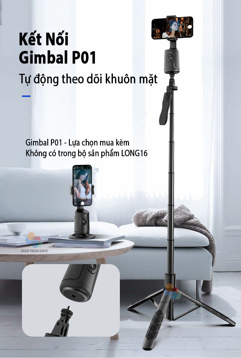 Gậy Chụp Hình HIGH TECH GATE LONG16 Có Tay Quay Video Xoay 360º Quay Chụp Selfie Toàn Cảnh, Mở Rộng Dài 155cm, Thu Gọn Cầm Tay Du Lịch 33cm, Hỗ Trợ Livestream, Quay Tiktok, Chụp Ảnh Tự Sướng, Tích Hợp Điều Khiển Bluetooth Cầm Tay, Hàng Chính Hãng