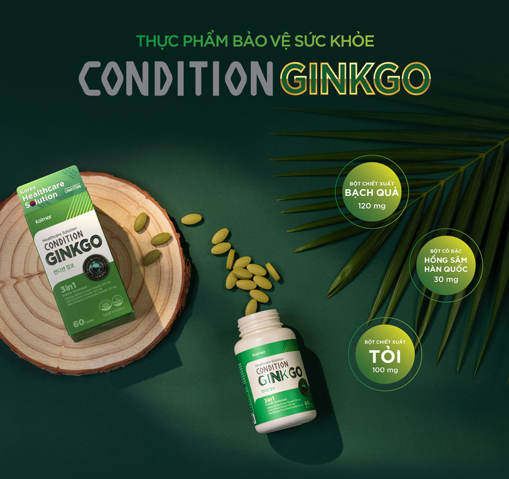 Thực phẩm bảo vệ sức khỏe CONDITION GINKO Hỗ trợ tăng tuần hoàn và lưu thông máu, hỗ trợ cải thiện trí nhớ - Hộp 60 viên uống