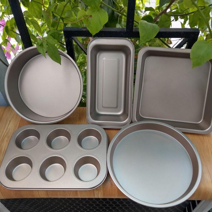Khuôn làm bánh cao cấp chống dính bộ 5 chiếc, khuôn nướng bánh cupcake, pizza, bánh mì bằng thép carbon an toàn