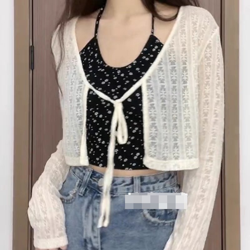 SET ÁO CROPTOP ĐEN DÂY YẾM HOA NHÍ + KHOÁC LỬNG NGẮN REN SUÔNG RỘNG CARDIGAN ĐI BIỂN ĐI CHƠI DẠO PHỐ ĐI TIỆC