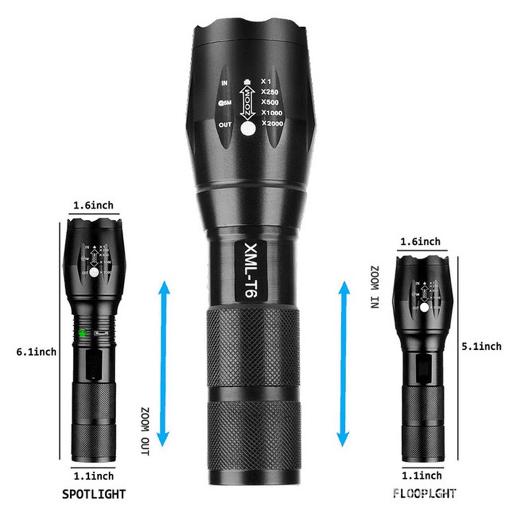 Đèn Pin Siêu Sáng US ARMY Mã XML-T6, Đèn Pin Cầm Tay Cao Cấp Vỏ Hợp Kim Chống Nước Sử Dụng Pin Có Thể Sạc Lại