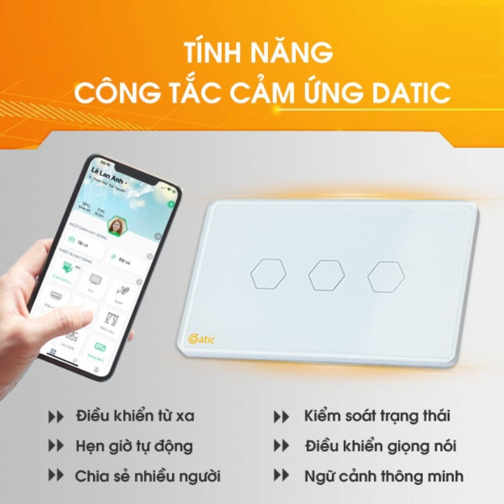 Công tắc thông minh HUNONIC DATIC 3 nút màu trắng - Điều khiển từ xa bằng điện thoại - Công nghệ 4.0