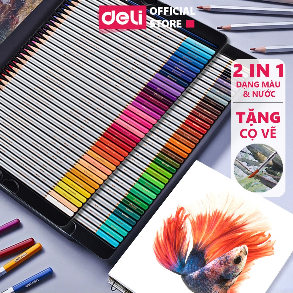 [Tặng Cọ] Bút Chì Màu Gốc Nước Dmast Cao Cấp Deli - Chì Màu Hộp Thiếc 24/36/48/72 Màu - Tô Vẽ Tranh Chuyên Nghiệp