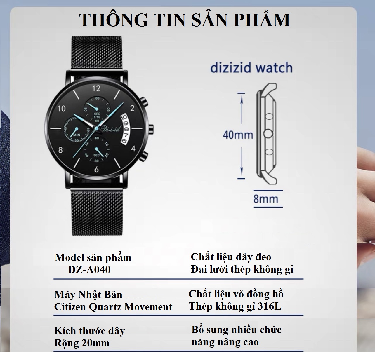 Đồng hồ nam chống nước DIZIZID chính hãng - Dây thép đúc đặc - Chạy full 6 kim và lịch ngày - Tặng kèm pin dự phòng DZT88
