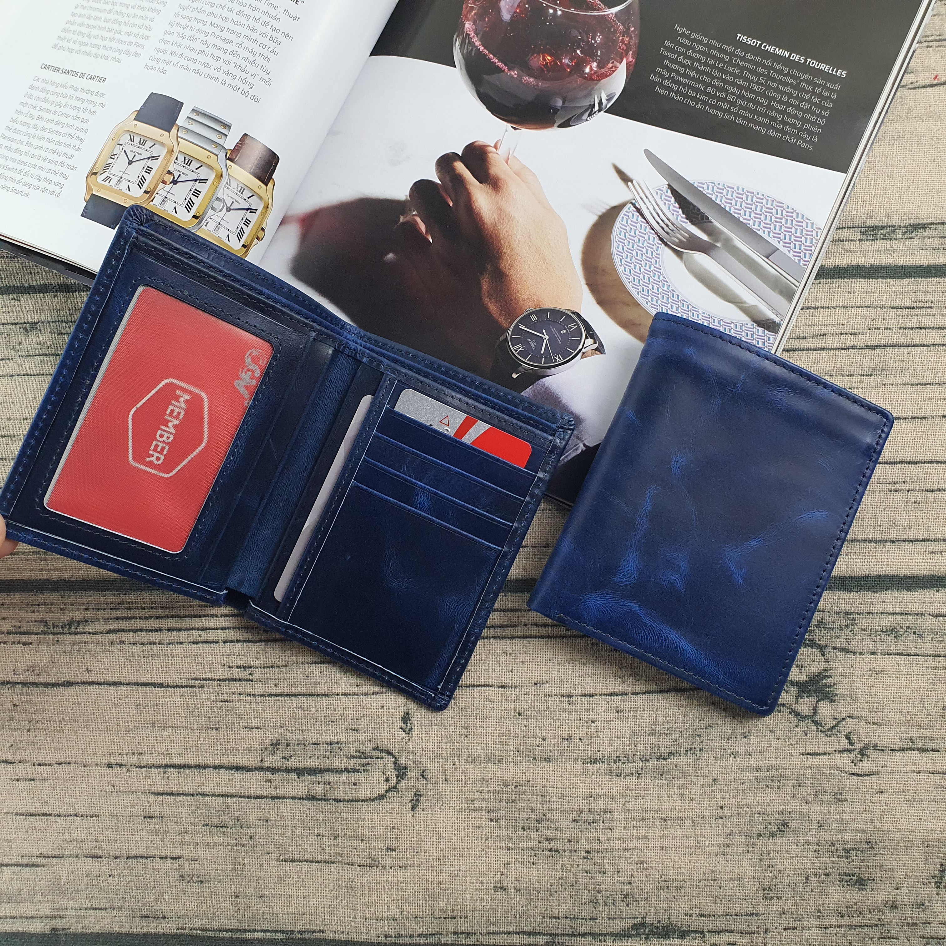 Ví da Pullup wax WS107 Xanh Navy - 100% da bò thật, BH 3 năm