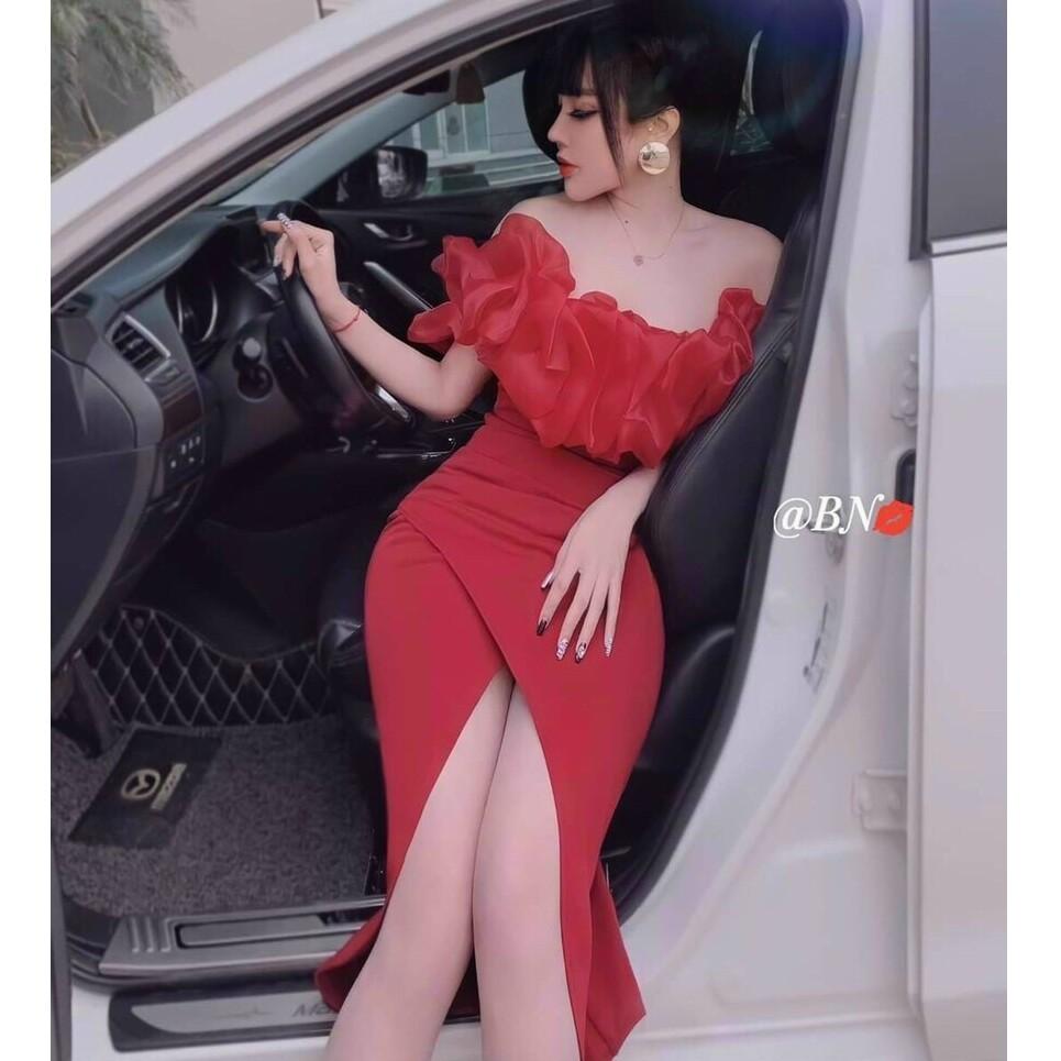 Váy Nữ Đầm Nữ Ôm Body Xẻ Tà Cúp Ngực Phối Voan Tơ Có Mút Ngực Thời Trang Nữ KEMPK Màu Sắc Nhã Nhặn