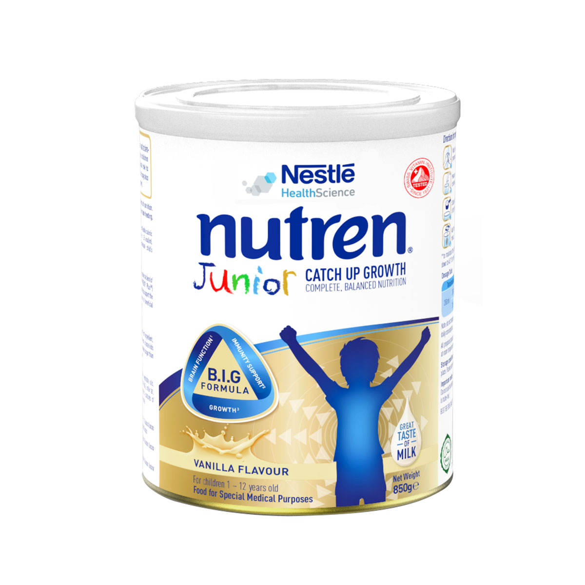Sản phẩm dinh dưỡng y học Nutren Junior cho trẻ từ 1-12 tuổi 850g tăng trưởng 3 chuẩn: Thế chất, Đề kháng, Tư duy - Tặng túi mỹ phẩm