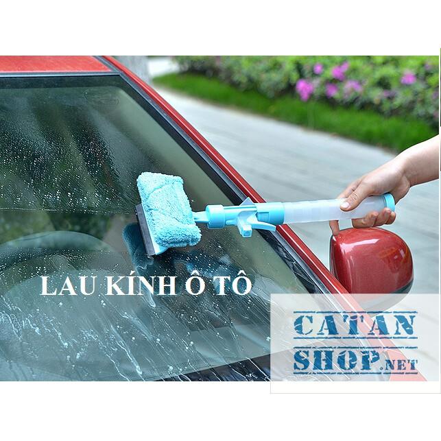 Cây lau kính 2 mặt (vải bông mềm, silicon) cầm tay kèm bình xịt, lau kính bình xịt 2 in 1 siêu tiện lợi (giao ngẫu nhiên