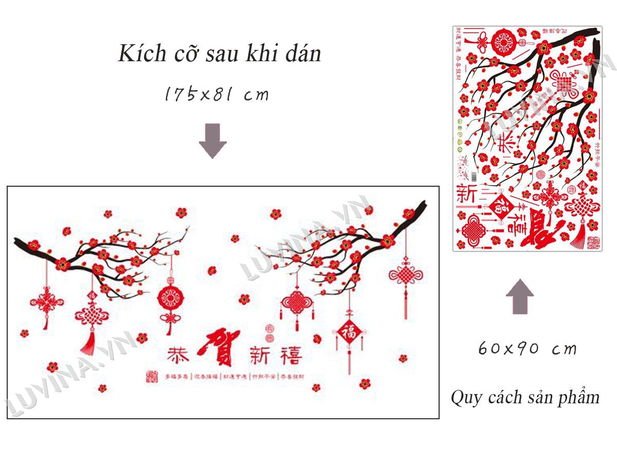 Decal trang trí tết- cành đào đỏ treo dây tài lộc