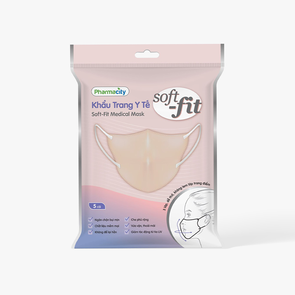 Khẩu trang y tế Pharmacity Soft-fit màu hồng (Gói 5 cái)