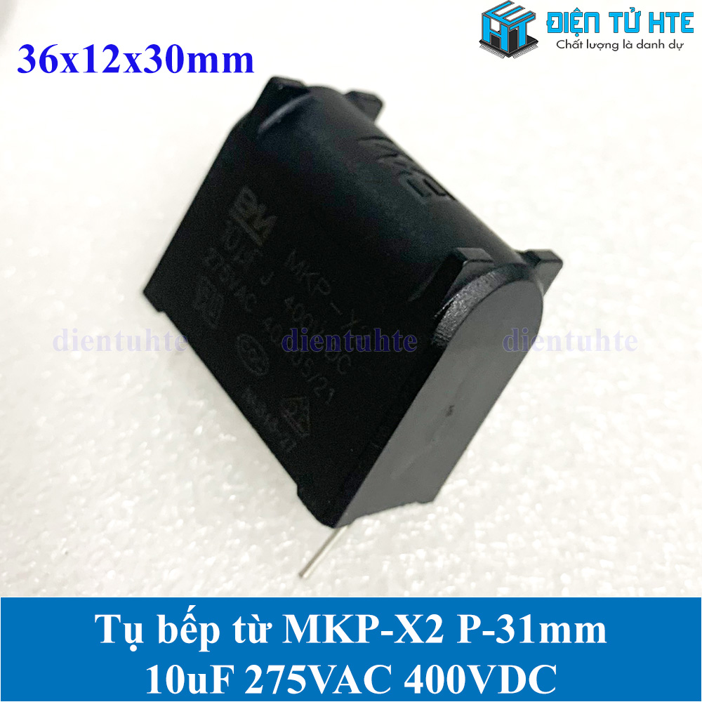 Tụ bếp từ MKP-X2 10uF 275VAC 400VDC pitch 31mm Đen size 36x12x30mm