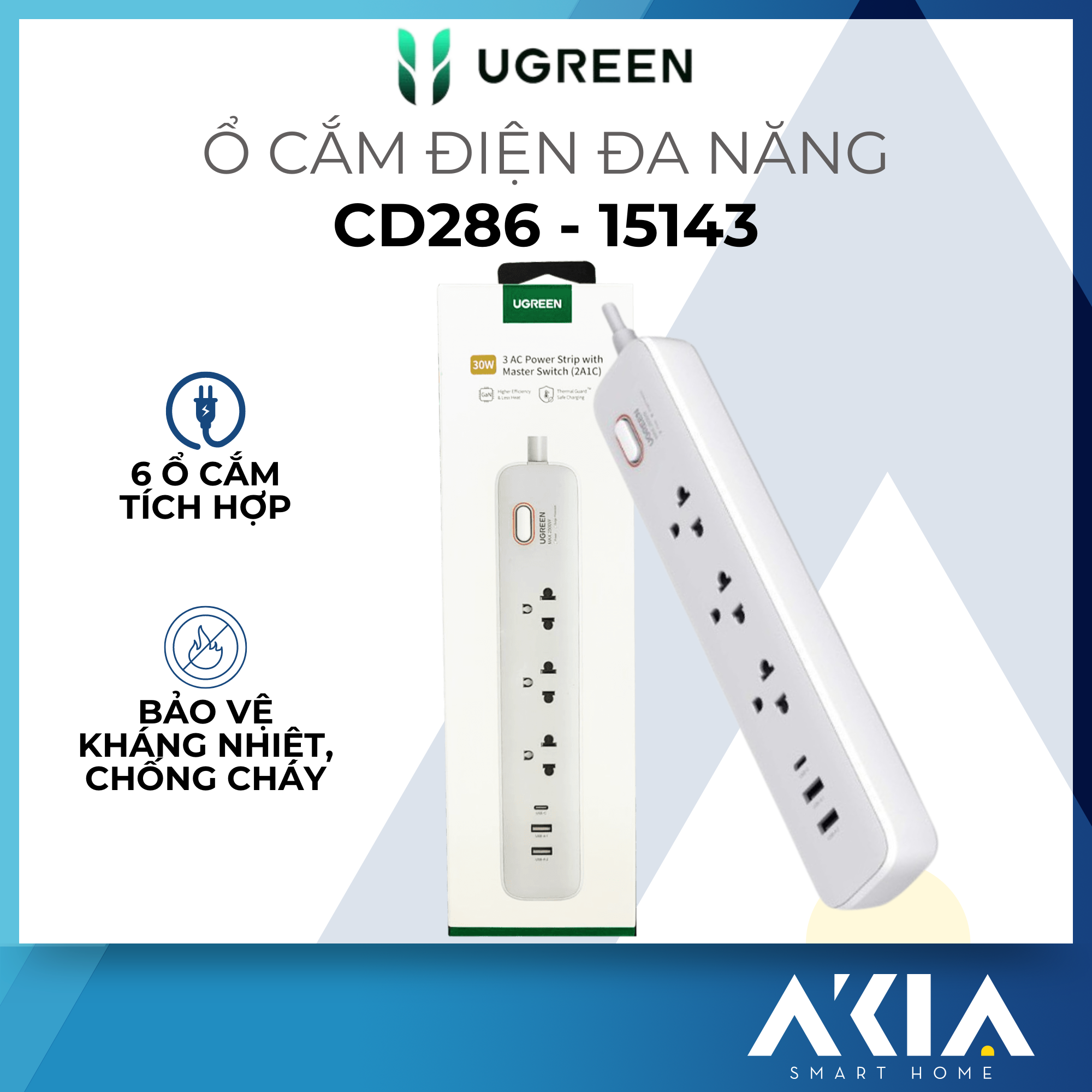 Ổ cắm điện đa năng UGREEN CD286 15143 - 6 cổng cắm tích hợp, Bảo vệ quá tải, chống cháy - HÀNG CHÍNH HÃNG