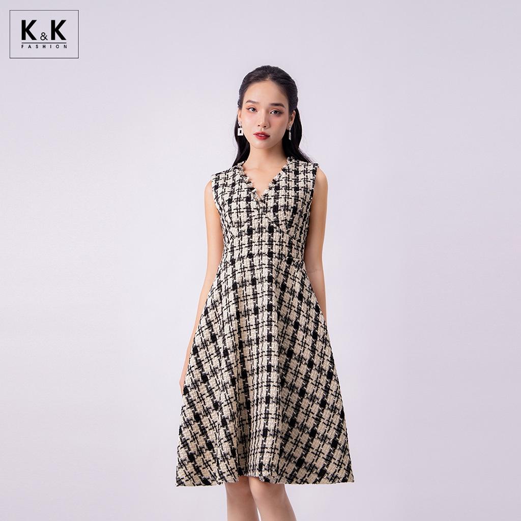 Đầm Xòe Cổ V Vải Tweed K&amp;K Fashion KK130-20 Sát Nách