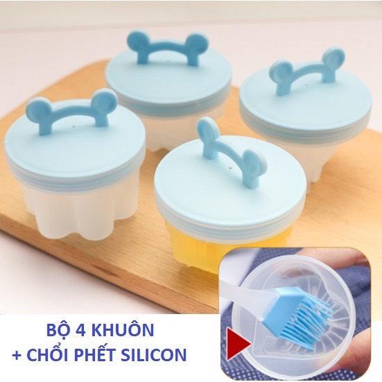 Bộ Khuôn hấp trứng, làm đậu hũ, làm bánh flan, pudding cho bé (4 khuôn tặng kèm chổi phết silicon)