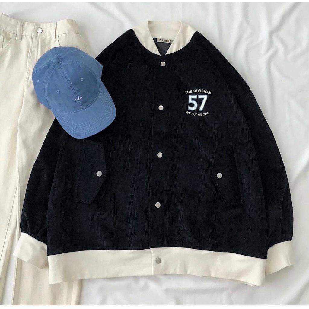 Áo Khoác Bomber Nhung Gân Tăm Thêu DIVISION Jacket Varsity 57 Unisex Form Rộng Ulzzang