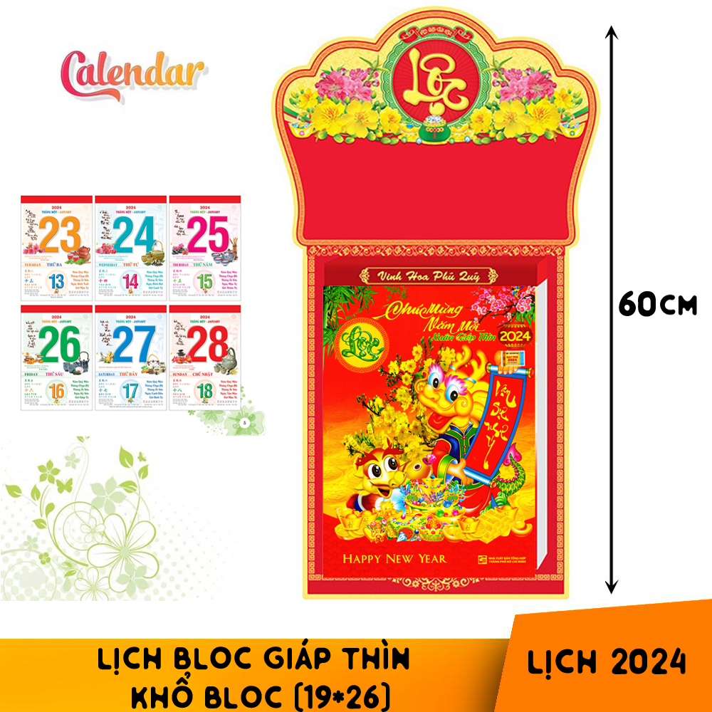 Lịch Bloc Siêu Đại Chúc Mừng Năm Mới Giáp Thìn 2024 kích thước bloc 19*26