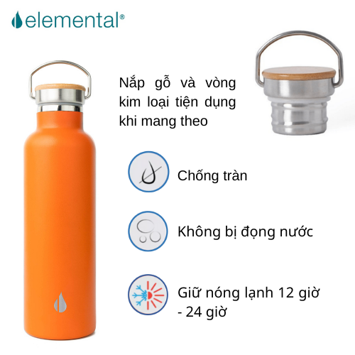Bình giữ nhiệt Elemental 750ml màu cam, giữ nhiệt vượt trội, inox 304, FDA Hoa Kỳ, nắp gỗ cao cấp