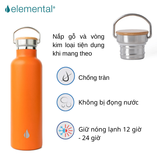 [Hàng chính hãng – Thương hiệu Mỹ] Bình giữ nhiệt Elemental 750ml  màu cam, giữ nhiệt vượt trội, inox 304, FDA Hoa Kỳ, nắp gỗ cao cấp