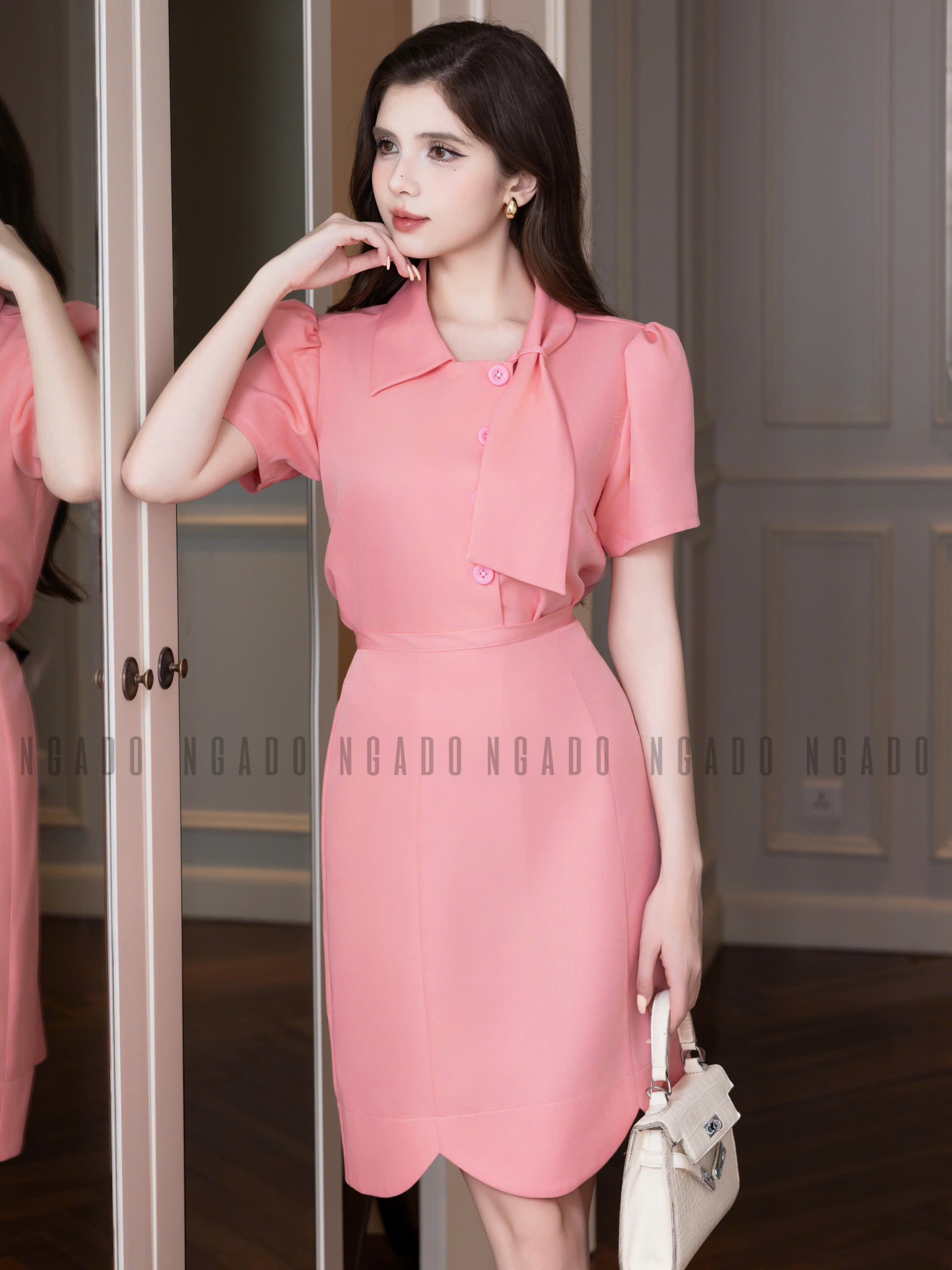 Set áo váy hồng tay phồng NGADO , set áo váy ngắn, set áo kiểu Nữ