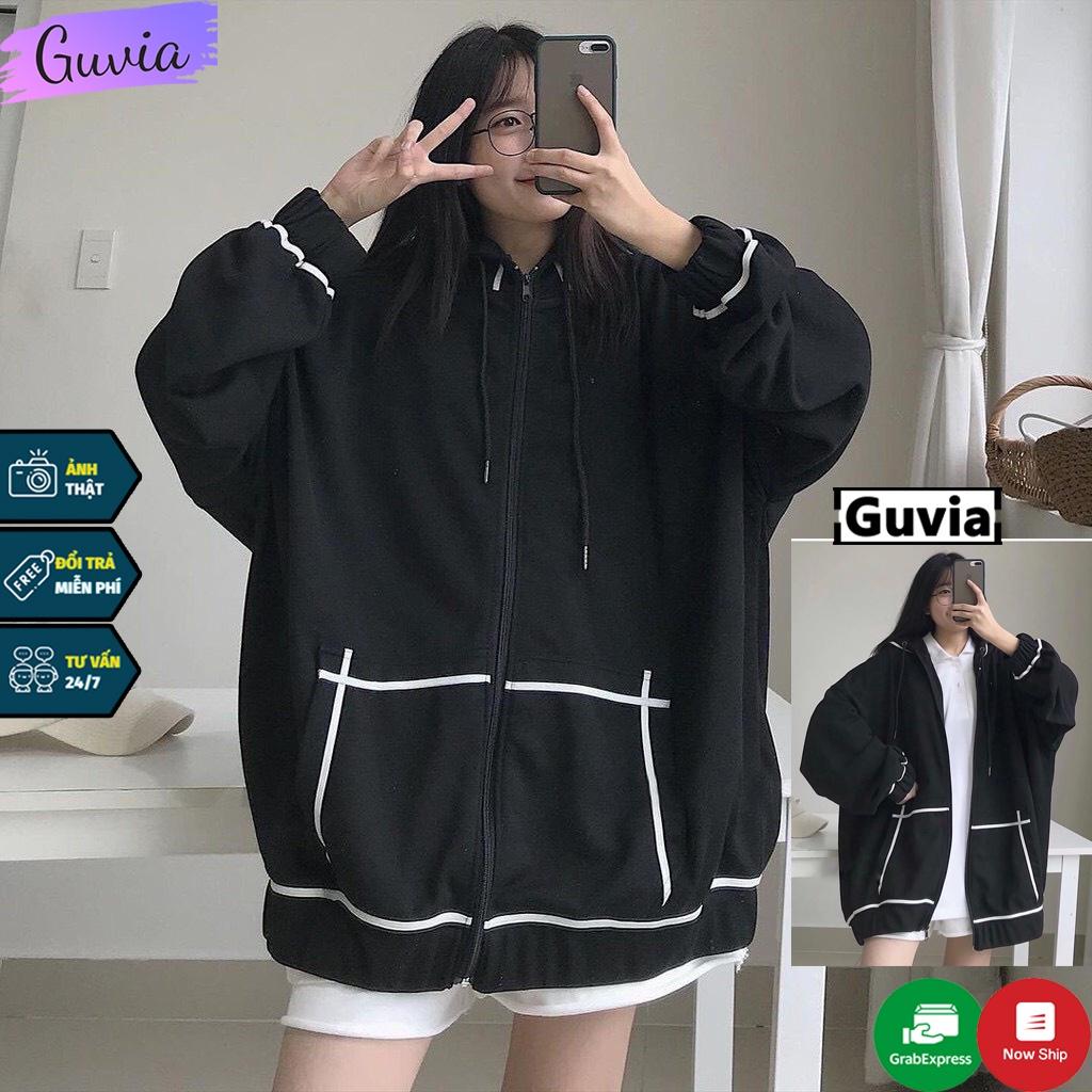 Hình ảnh Áo khoác nỉ Hoodie Dây Kéo KẺ VIỀN TÚI Ulzzang form rộng Unisex