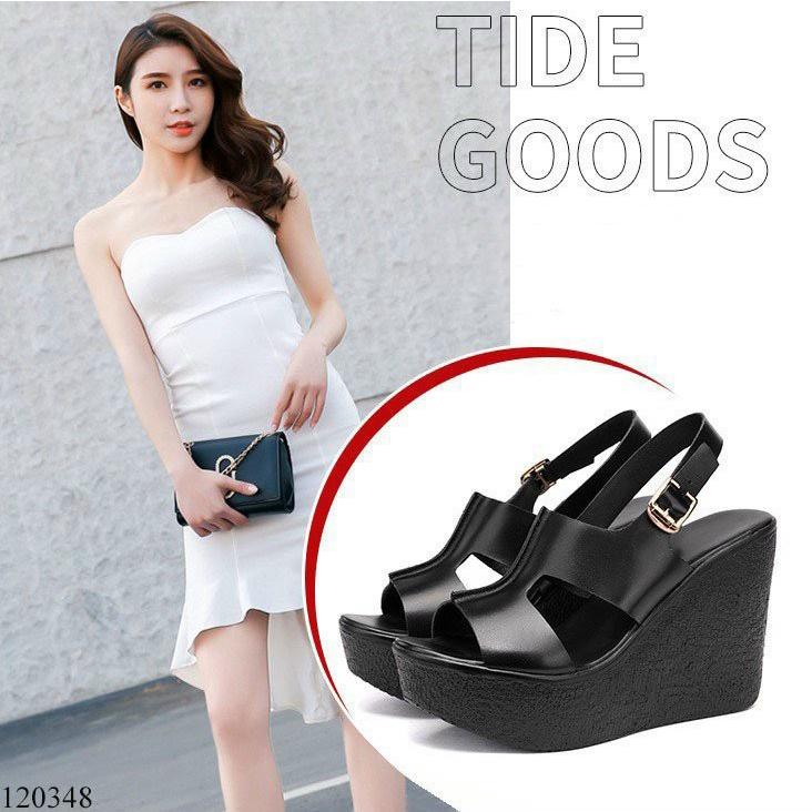 Giày sandal đế xuồng nữ 10cm,giày xăng-đan da quai chéo ngang cao 10 phân màu đen siêu nhẹ