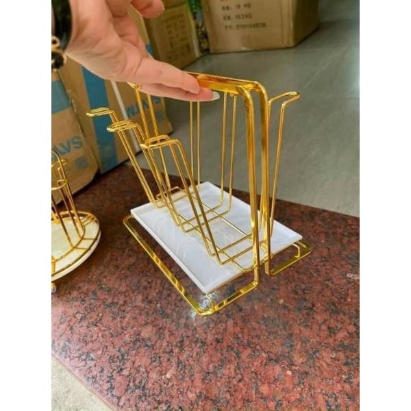 Úp cốc chữ nhật kèm khay, giá úp cốc inox 304 mạ vàng cao cấp không hoen gỉ