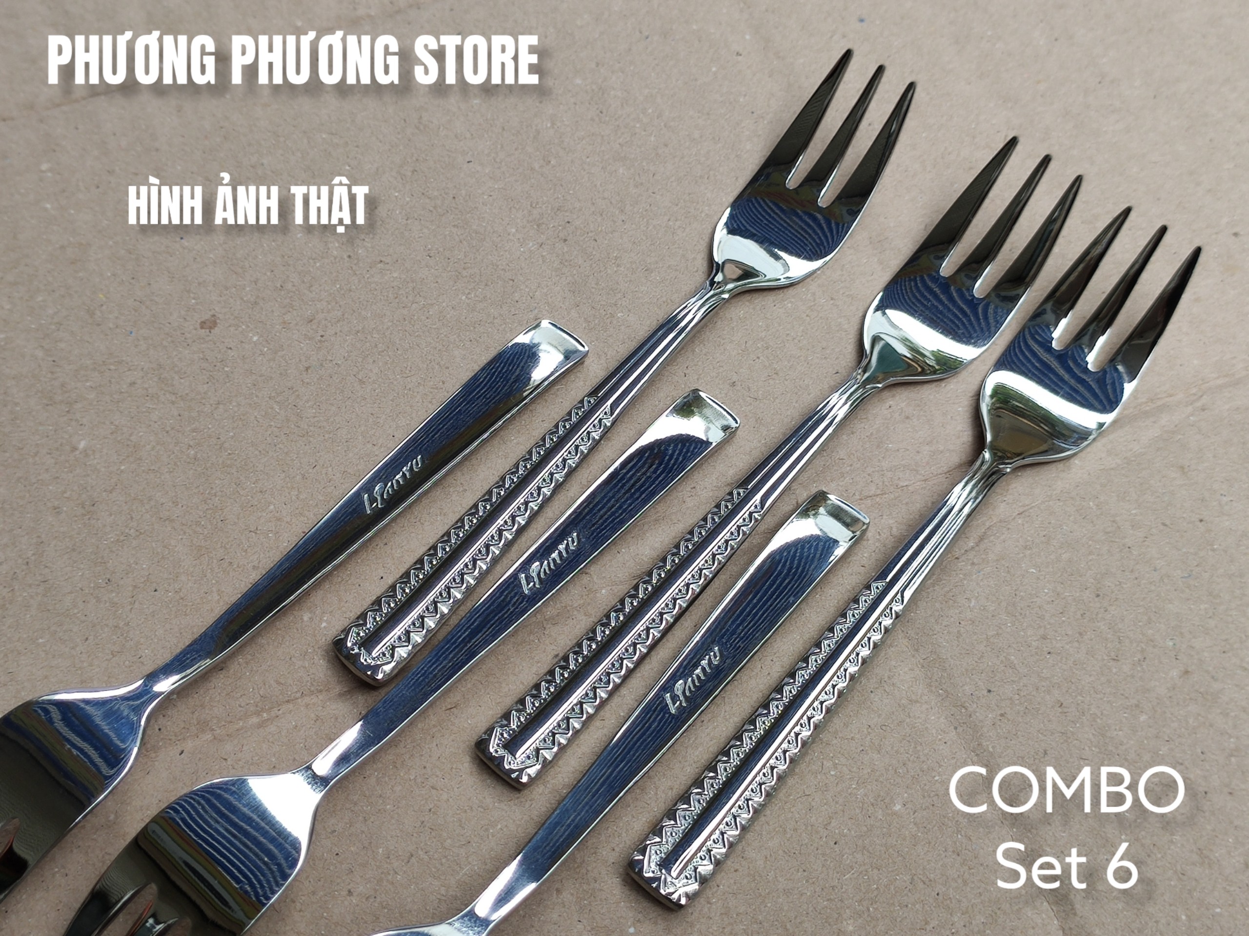 COMBO SÉT 6 NĨA / DĨA 3 RĂNG HOA VĂN CAO CẤP DÀI 14,5 CM HÀNG INOX SÁNG BÓNG XỊN SÒ