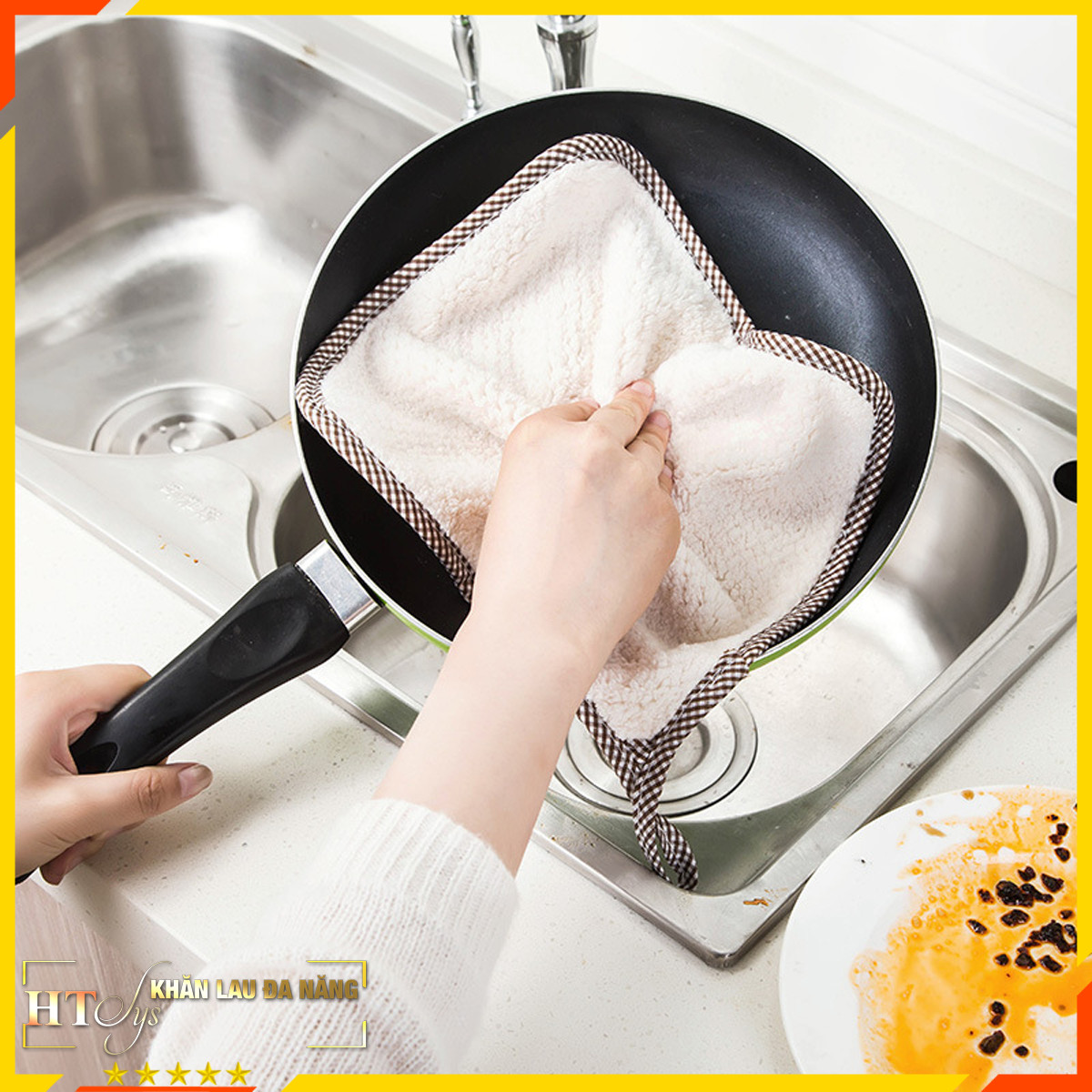 Bộ 10 khăn lau đa năng 2 mặt HT SYS-Khăn lau nhà bếp, khăn lau tay, khăn lau cửa kính - Chất liệu Microfiber-25.5cmx25cm-Tặng 05 móc dán tường