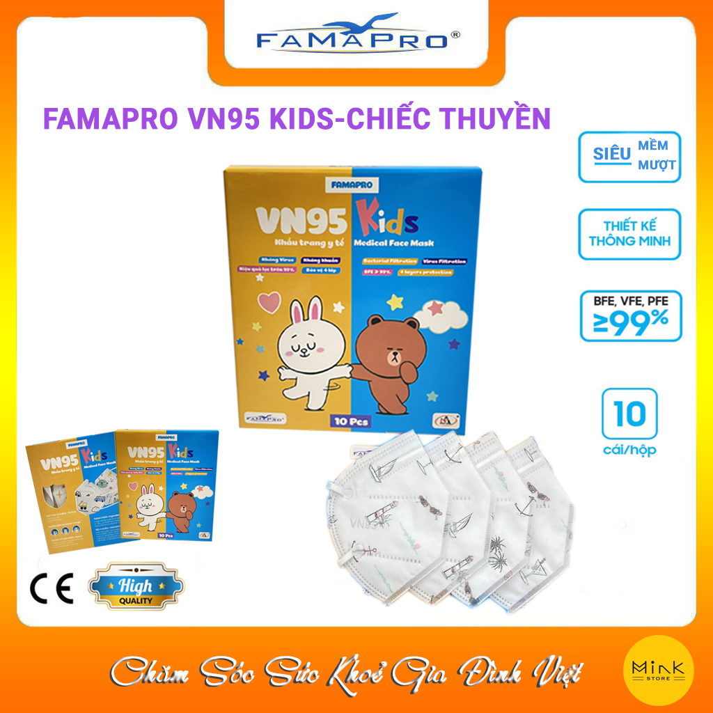 HỘP – FAMAPRO VN95 KIDS – Khẩu trang y tế trẻ em kháng khuẩn 4 lớp Famapro VN95 KIDS đạt chuẩn N95 10 cái hộp – CHIẾC THUYỀN – COMBO 10 HỘP