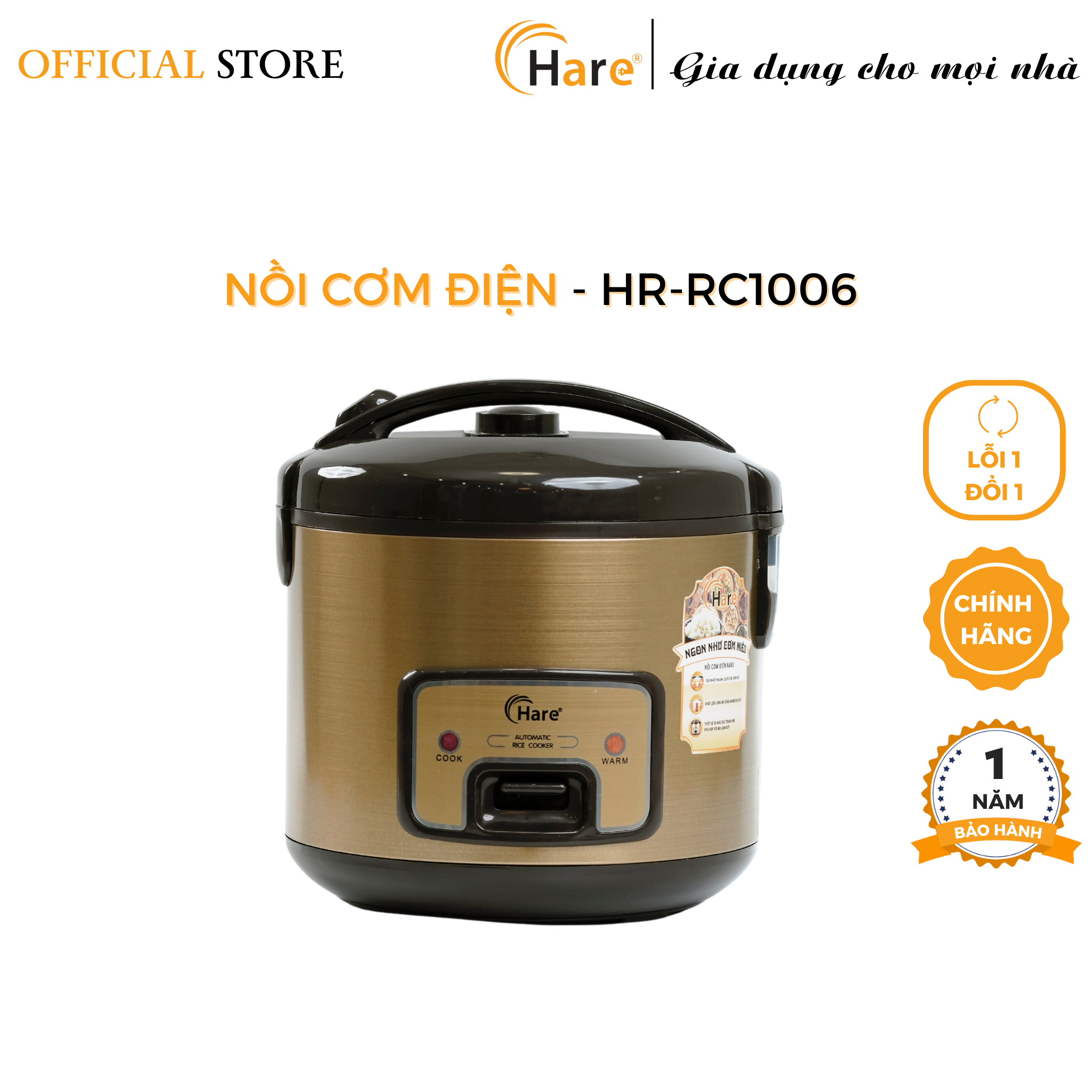 Nồi cơm điện HR-RC1006 (1L) -hàng chính hãng thương hiệu Hare - bảo hành 12 tháng