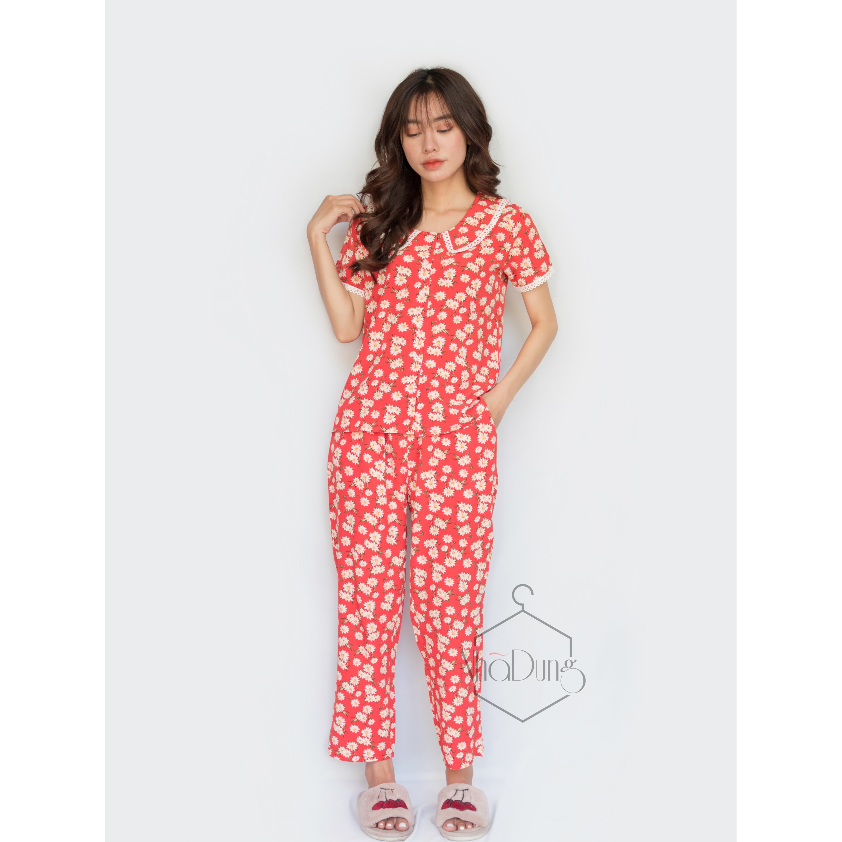 Đồ mặc nhà đồ bộ dài nữ lụa in họa tiết hoa có túi siêu dễ thương siêu mát dưới 70kg