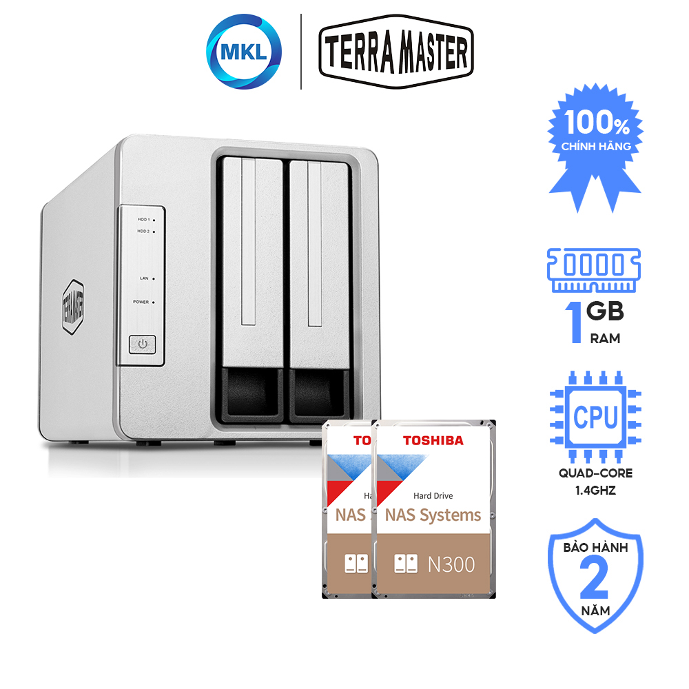 Combo thiết bị lưu trữ mạng NAS TerraMaster F2-210 + 2 ổ cứng NAS iHDD Toshiba N300 4TB - Hàng chính hãng