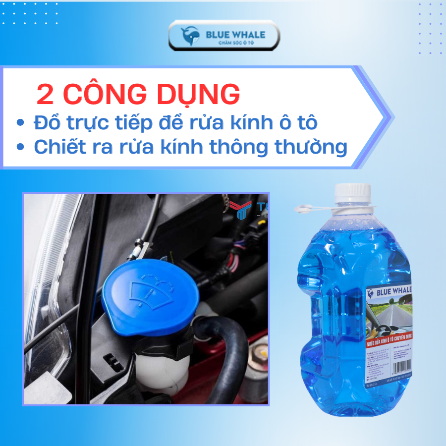 Nước rửa kính ô tô Cá Voi 2L đổ trực tiếp phù hợp với mọi loại xe hơi, nói không với viên sủi gây tắc bình chứa nước của xe