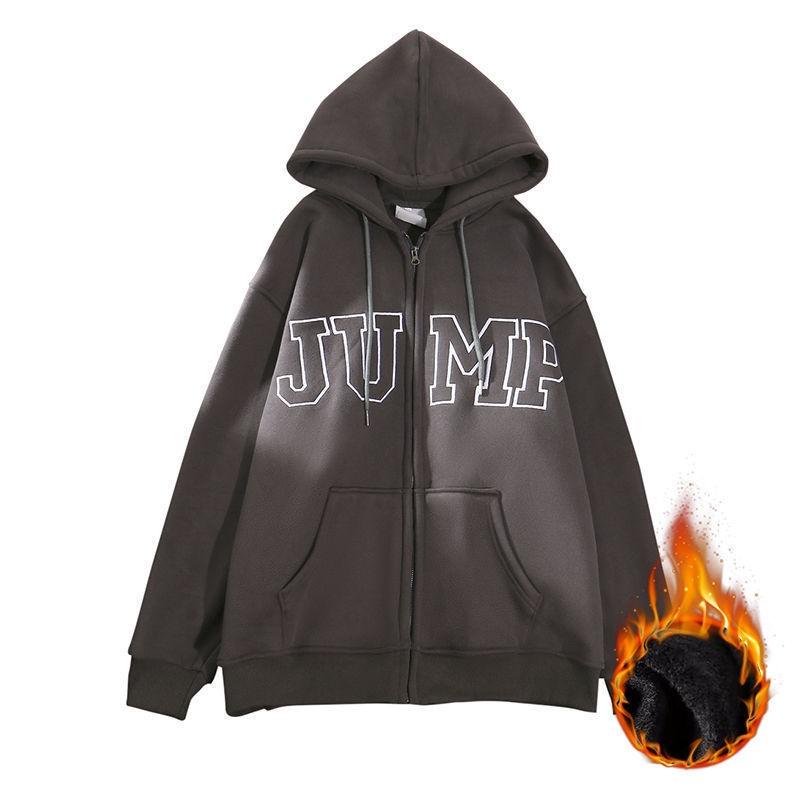 Áo khoác Nỉ Hoodie mũ 2 lớp from rộng tay bồng khóa kéo xanh than, Áo hoodie zip unisex in chữ JUMP .