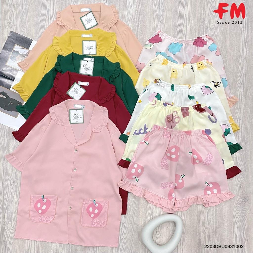 Set bộ lụa đùi FM Style Shop cổ vest viền bèo 2 túi in hình 220310002